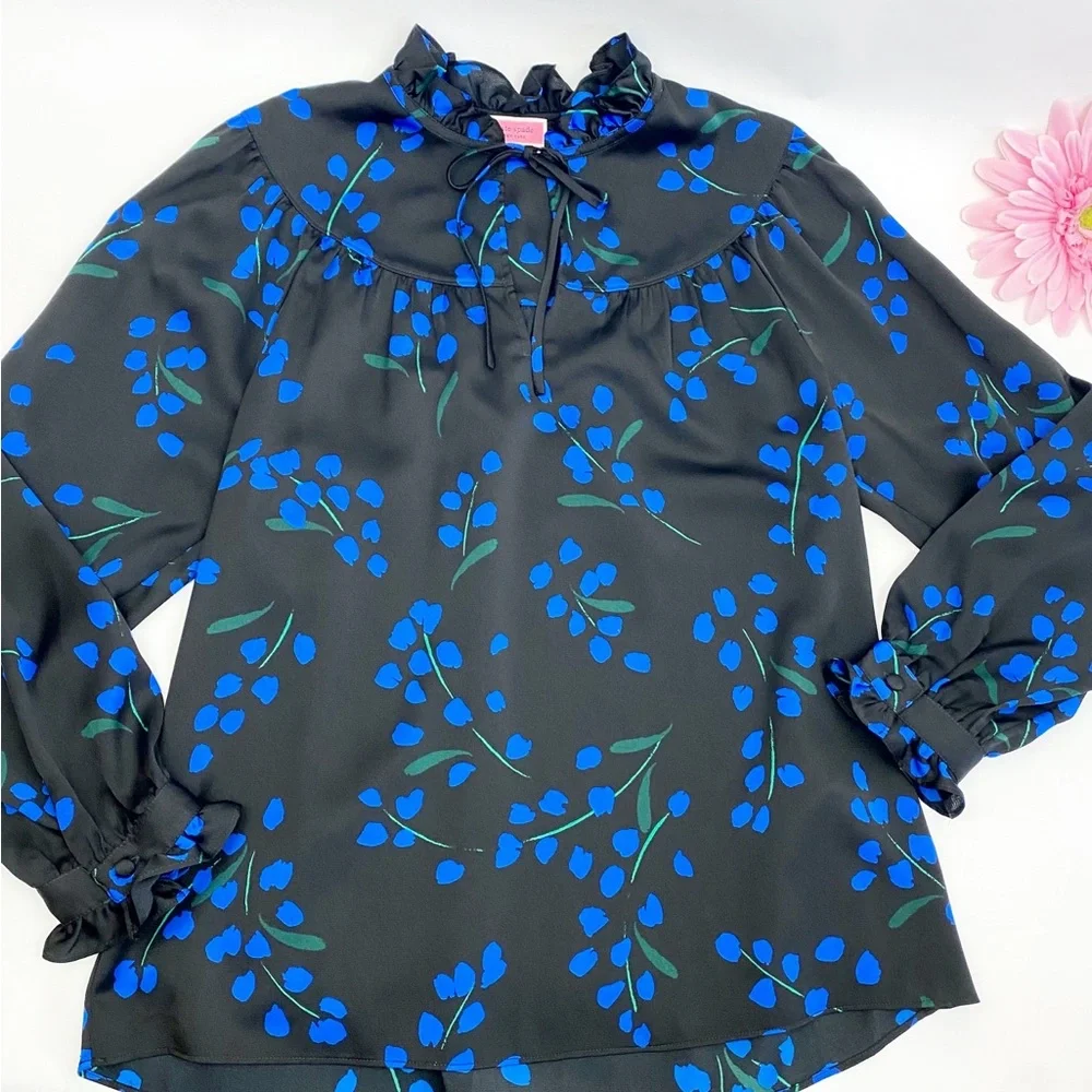 NEW Kate Spade Seabreeze Floral Ruffle Blouse Top Long Sleeve Black Blue - Picture 6 of 13